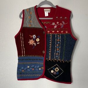 Coldwater Creek Vest Vintage Wool Patchwork Floral Red L